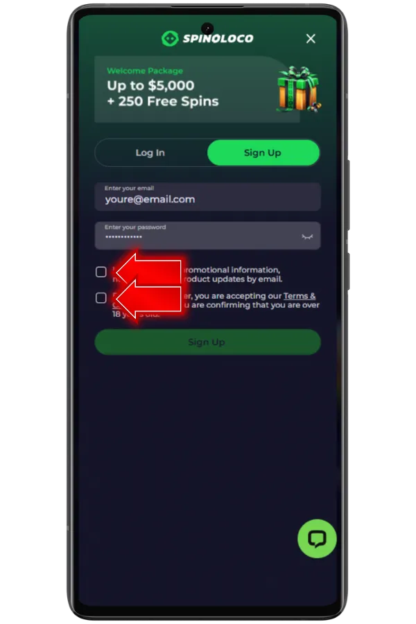 Accept Terms & Conditions on Spinoloco