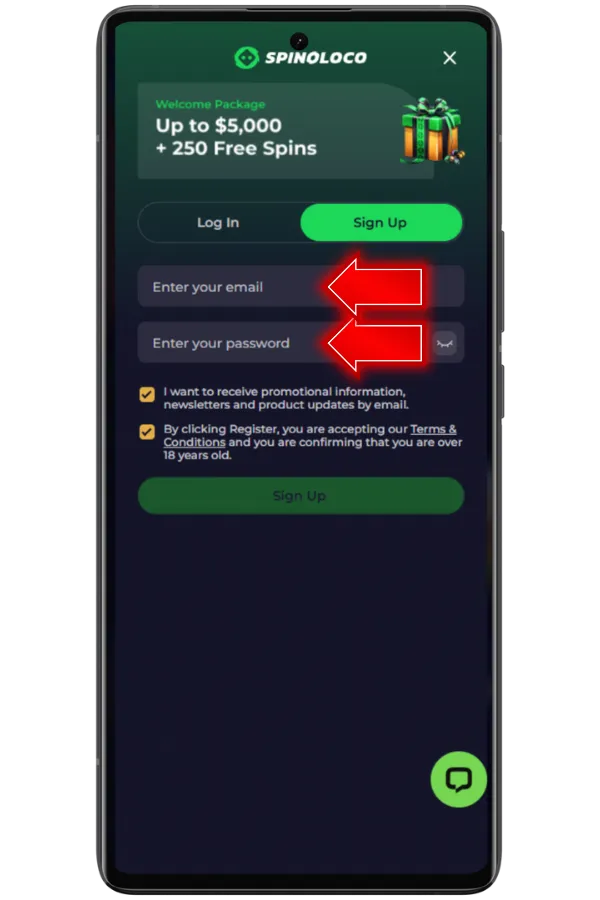 Enter email and password on Spinoloco